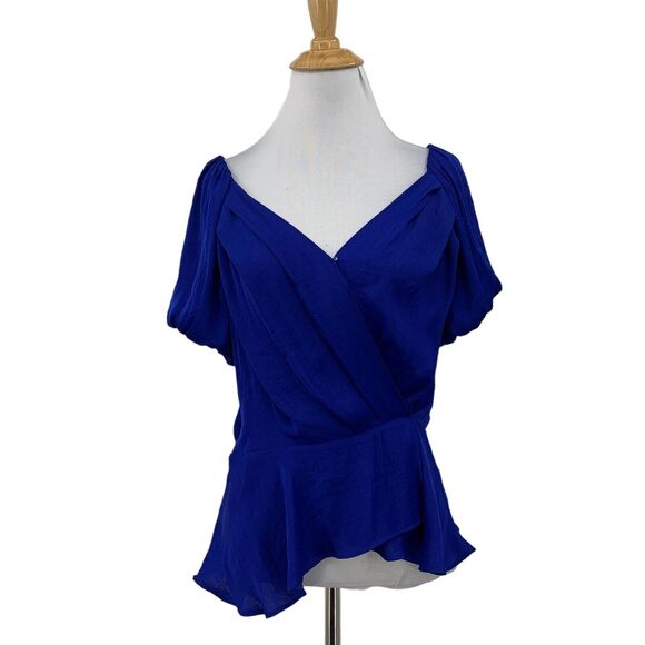 Naked Zebra Puff Sleeve Wrap Blouse Womens S Small Blue Flounce Hem Button Close - Picture 1 of 12